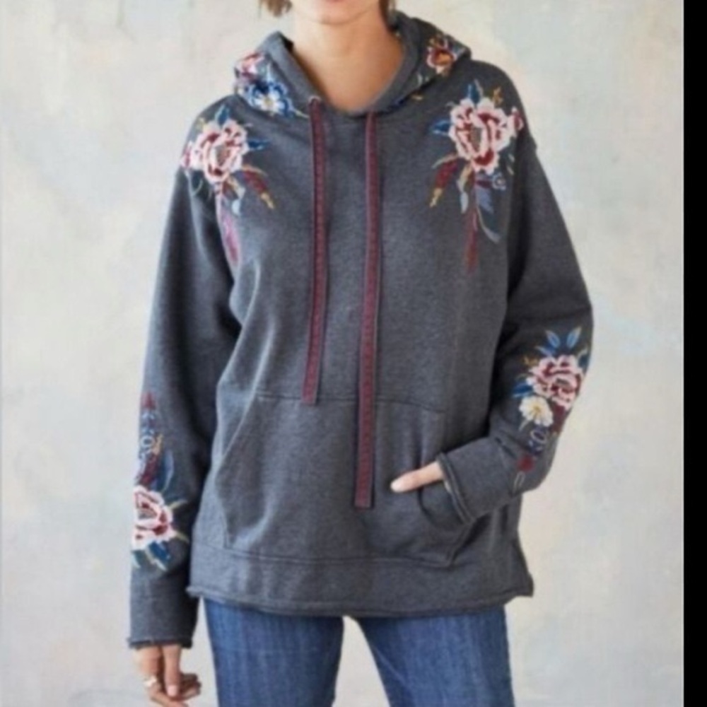 Johnny Was Darielle Grey Floral Embroidered Hoodie | Size XL